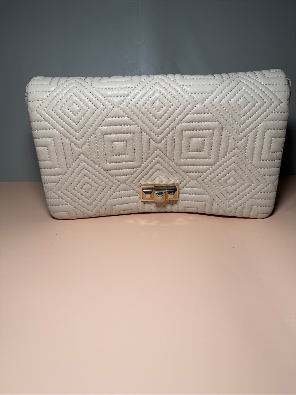 Zara Cream Quilted Diamond-Pattern Clutch with Gold Lock